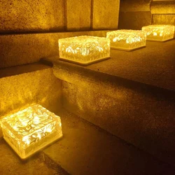 Luci solari in mattoni di vetro cubo di ghiaccio lanterna a LED lampada in pietra di mattoni di cristallo luci del percorso del paesaggio per giardino Patio decorativo festivo