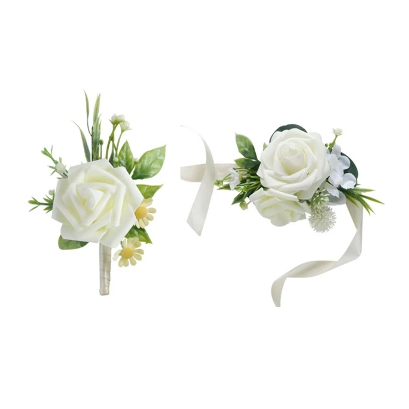 H55A Elegant Wedding Wrist Corsage Party Accessories Artificial Flower Boutonniere