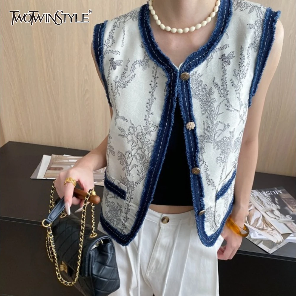 

TWOTWINSTYLE Hit Color Spliced Embroidery Vest Female O Neck Sleeveless Slimming New Chinese Style Women's Vests Summer Fashion
