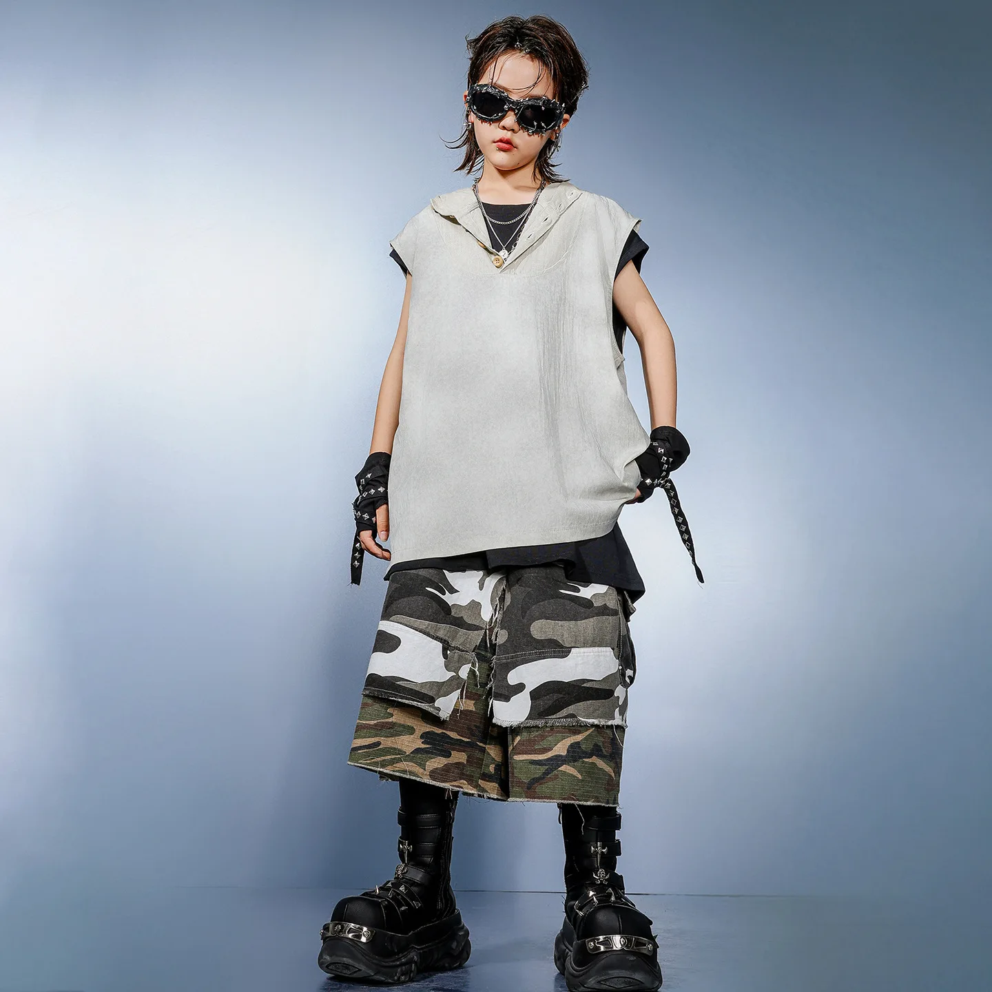 키즈 K팝 힙합 의류 그레이 후드티 탱크 케이프 컬러 블록 카모 카고 반바지 중간 바지 남아 여아 댄스 의상 옷