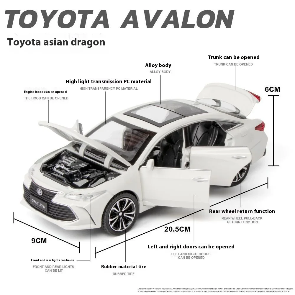 Modelo de coche de aleación TOYOTA AVALON 1:24, juguete de fundición a presión, Simualtion, luz de sonido, puertas traseras, modelo que se puede abrir, regalos de colección para niños