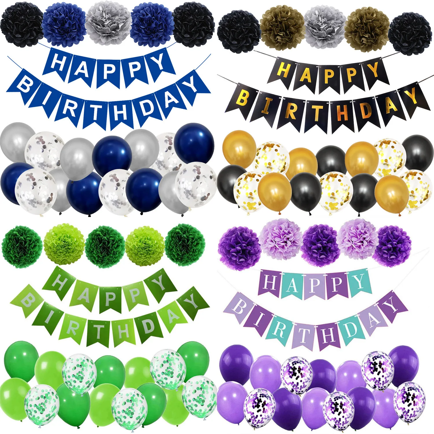 Papierblumenkugeln, Geburtstagsdekorationen, Olivenballons, alles Gute zum Geburtstag, Banner, Fransen, Vorhang, Hintergrund, neutrale Geburtstagsdekoration