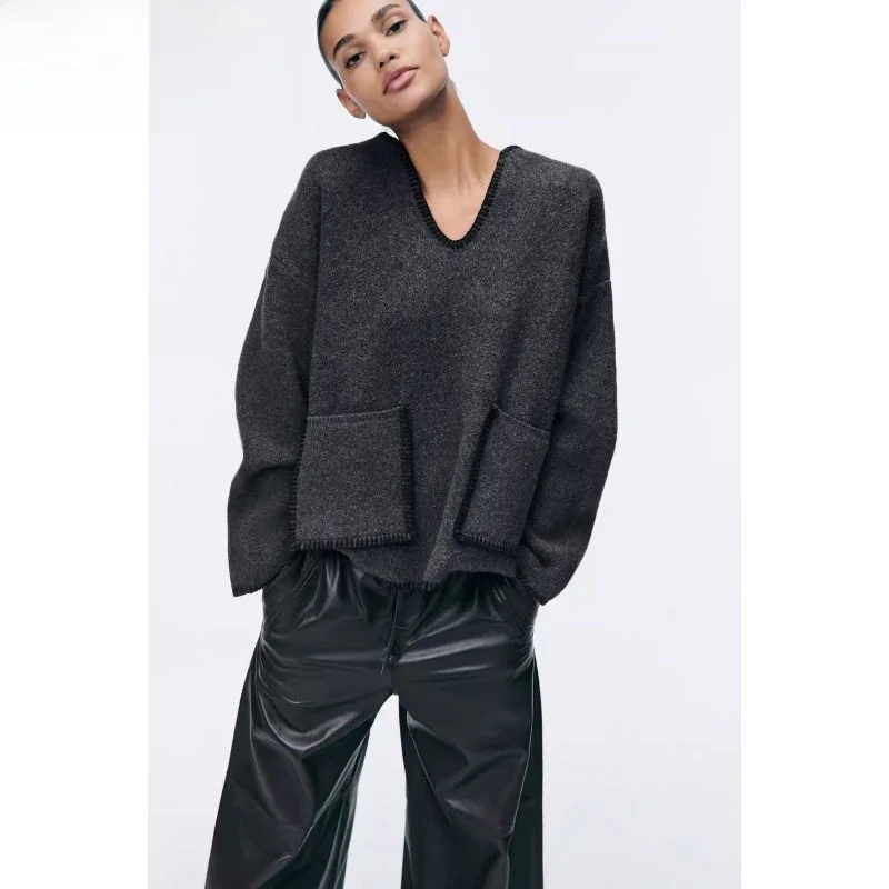 

Winter 2024 Women's Lazy Loose Color Blo Knit Sweater V-Ne Long Sve Polyester Fiber Sweet Sle Regular Length