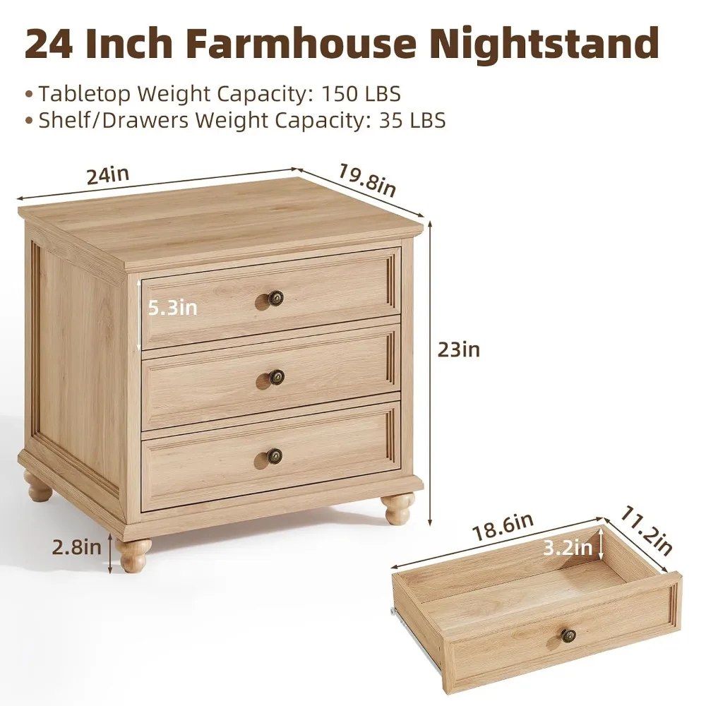 24" Wide Farmhouse Wood Nightstand Set of 2 3 Drawers & Metal Handle Bedroom End Table, Custom - view 3
