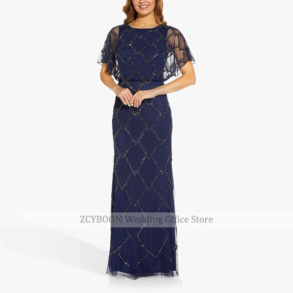 Elegante vestido azul brillante con lentejuelas para madre de la novia, cuello redondo, mangas cortas, hasta el suelo, fiesta de boda, vestidos de noche para invitados, 2023