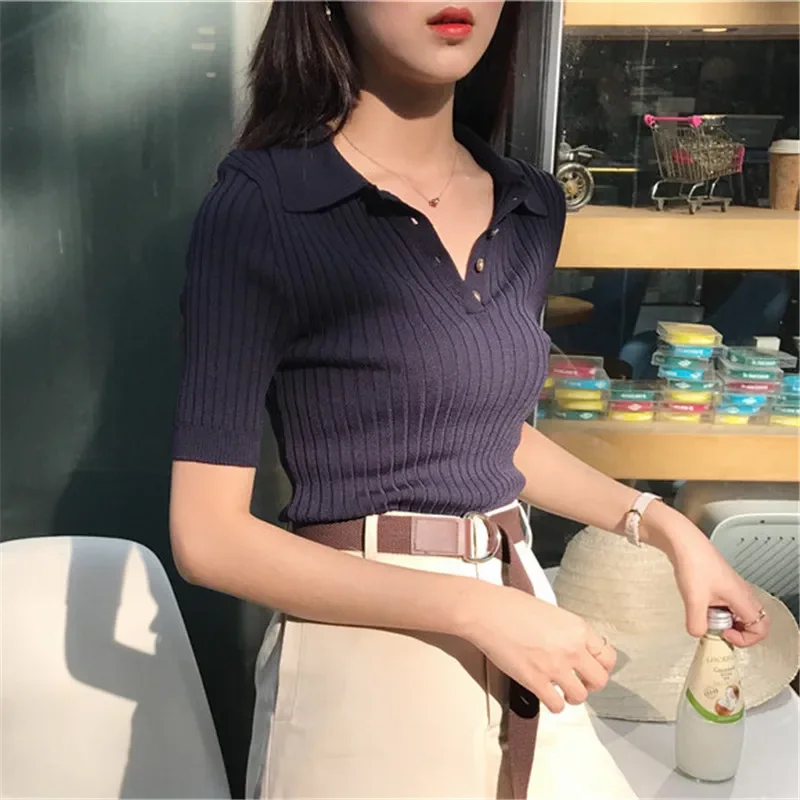 Korean Style Korean 2024 Women Elegant And Casual Polo Plunge Neck Short Sleeve Knitted Shirt Crop Tops