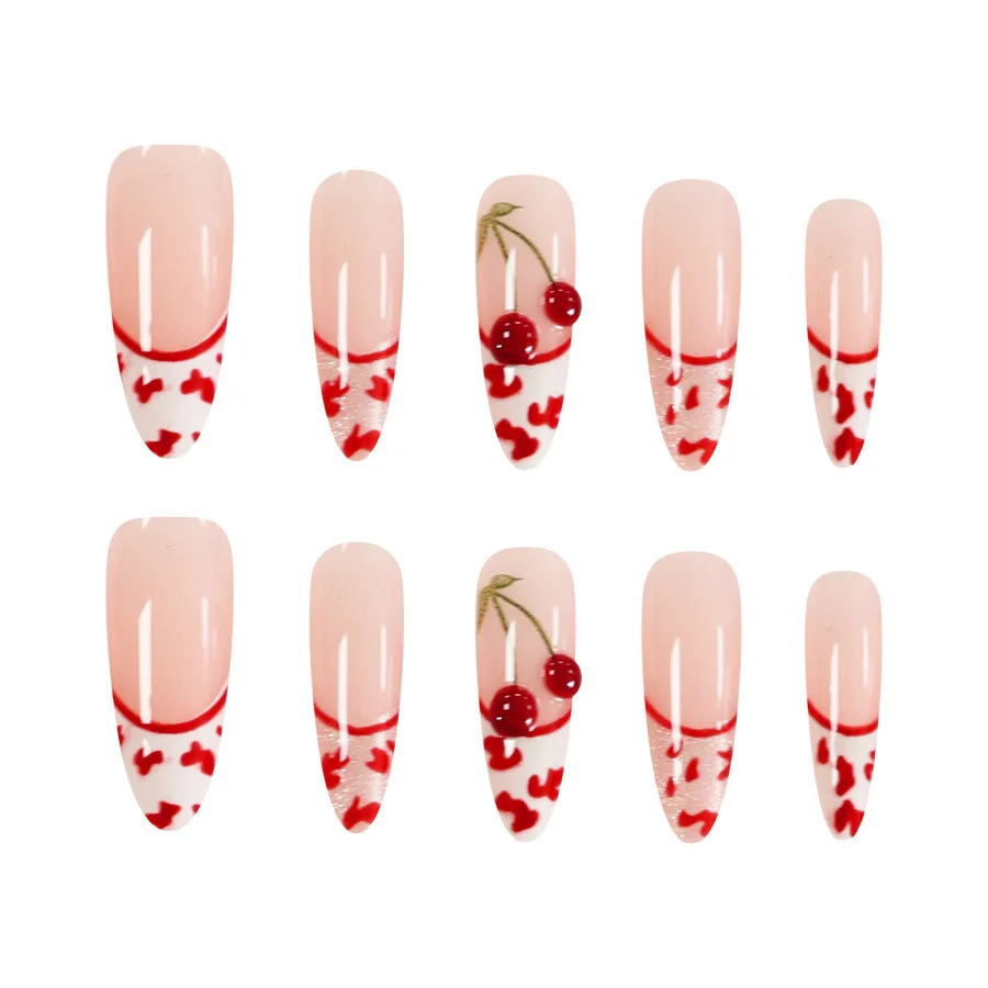 30pcs/set cat eyes fake nails for women girls fashion leopard printing 3D cherry shimmer glossy french tips press on false nails