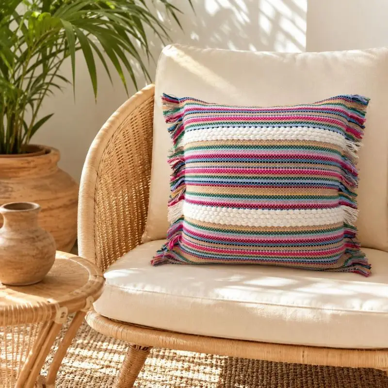 Boho Weave Fransen-Sofakissenbezug Cojines Kontrastierende Textur Fransenstreifen Kissenhülle Deko Zuhause 45x45cm – Detail 13