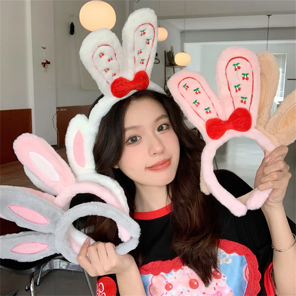 

Love Bow Rabbit Ear Headband Hair Hoop for Women Cosplay Cherry Embroidery Plush Hairband Brithday Festival Party Headwear