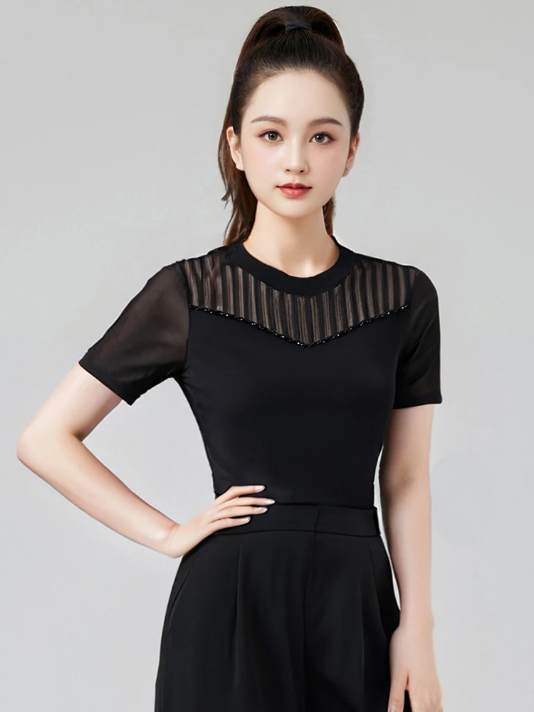 여성 볼룸 댄스 연습 탑 블랙 반팔 살사 라틴 댄스 탑 여성 블랙 모던 댄스 의상 DW10803