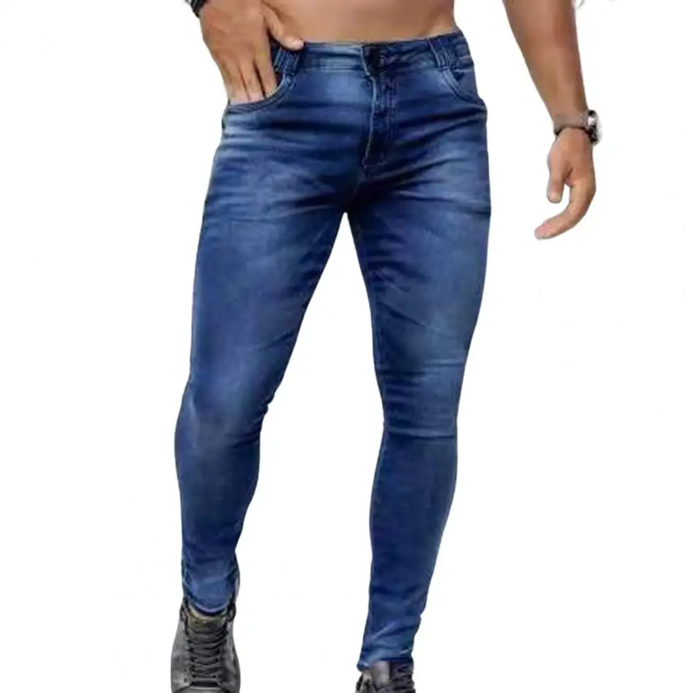 Male  Stylish Washable Slim-fitting Denim Pants Wear-resistant Denim Trousers Solid Color   for Daily Wear Party School