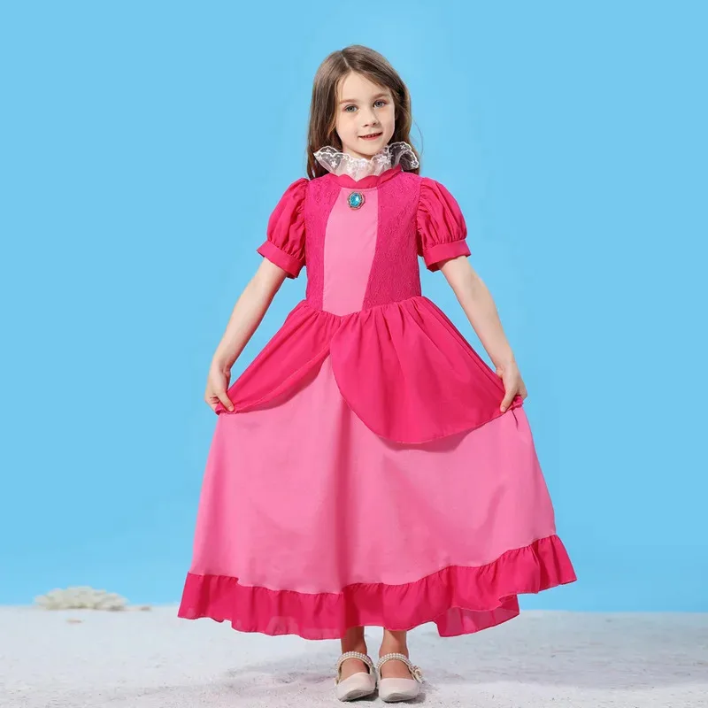 XT8Peach Rosalina Meninas Daisy Cosplay Roupas Crianças Halloween Dress Up Roupas Verão Lace Applique Princesa CostuXT6@!