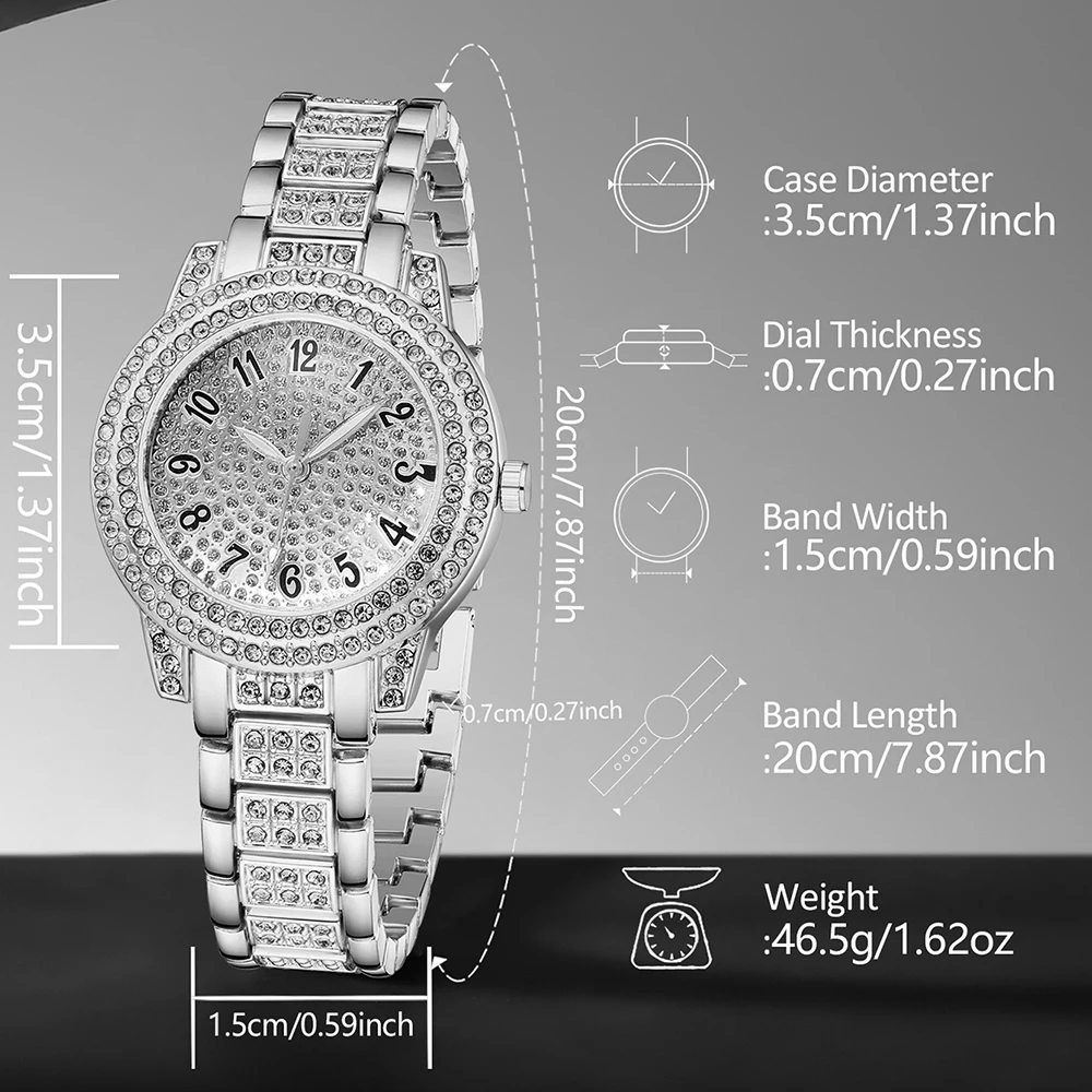 طقم ساعات نسائية فضية مكون من 6 قطع، طقم ساعات كوارتز وسوار وقلادة وأقراط هدية مثالية للأصدقاء أو الأمهات