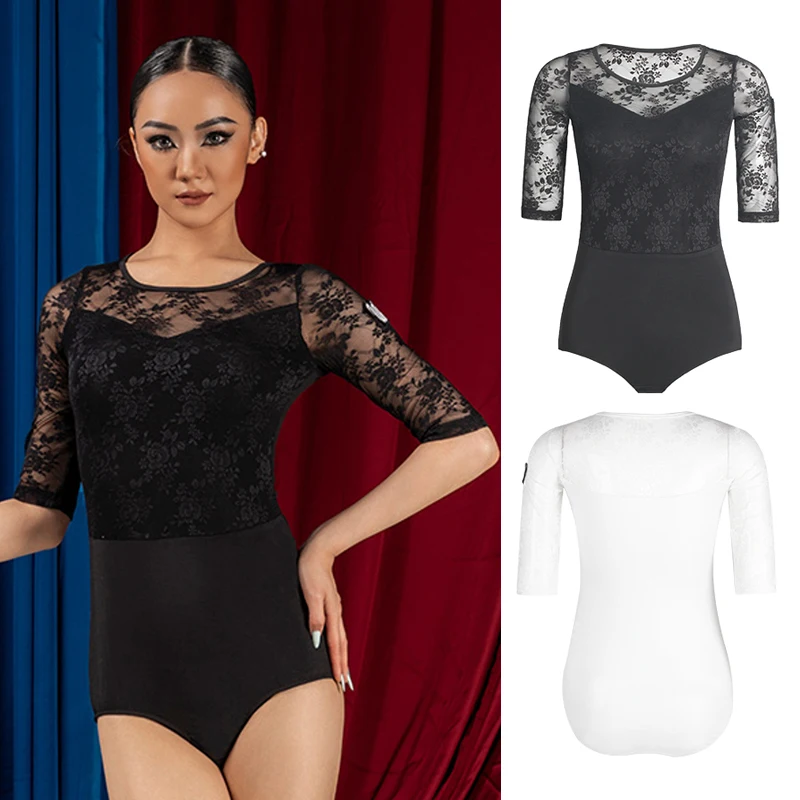 

Lace Half Sleeves Ballroom Dance Clothes Women Standard Latin Dance Tops Adult Leotards Waltz Dance Practice Clothing DNV21273