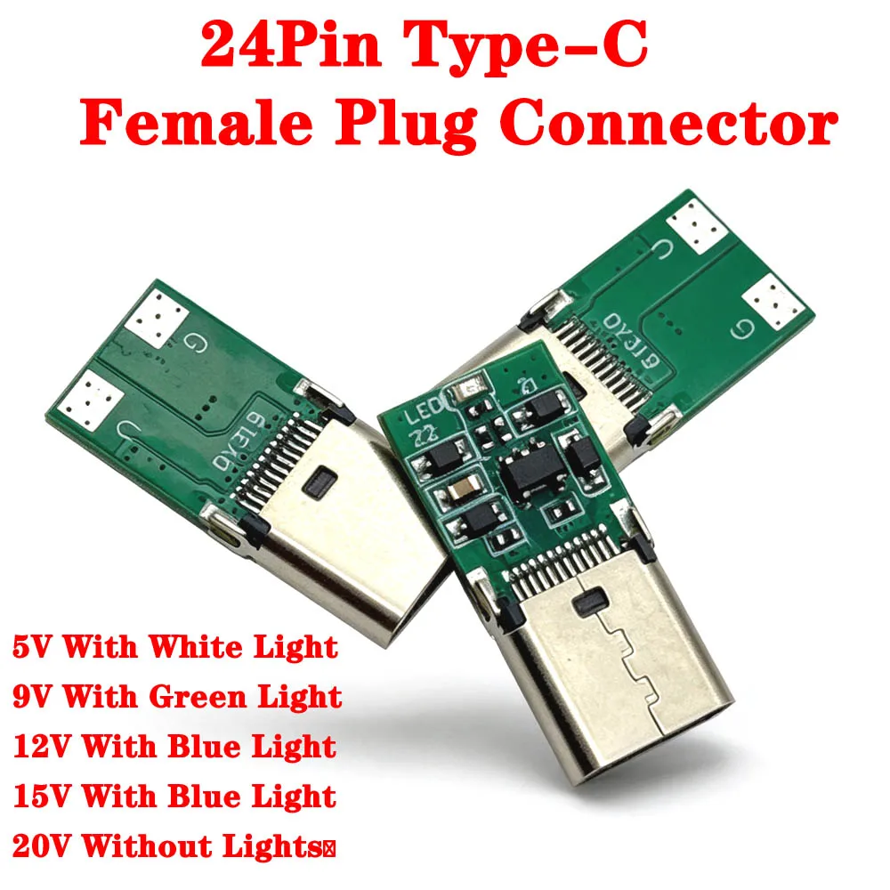 24Pin TYPE C USB 24Pin Female Plug Welding Connector Adapter DC 12V 15V 20V With LED Lights and Chips Type-C Charging Plugs Data