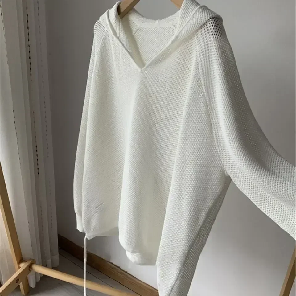 Nuove donne scava fuori maglieria con cappuccio primavera estate bianco manica lunga casual pullover allentato top maglione femminile