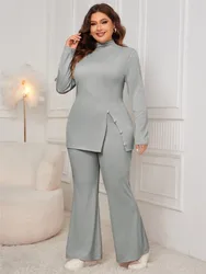 Plus Size Jesień Zima 2-częściowy zestaw damski Split Fashion Slim Bluzki damskie Wysoka talia Luźne plisowane spodnie damskie