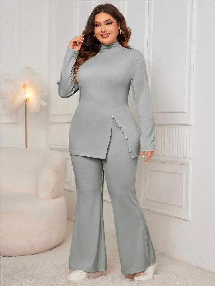 Plus Size Autumn Winter 2 Two Piece Set Women Split Fashion Slim Ladies Blouses High Waist Loose Pleated Woman Flared Pants