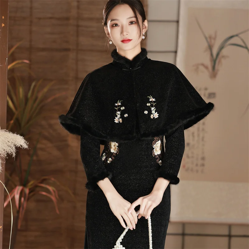 Chinesische Traditionelle Abendkleid Frauen Qipao Eleganti Dünne Lange Schal + Cheongsam Stickerei Winter Chinesische Neue Jahr Kleidung 2023