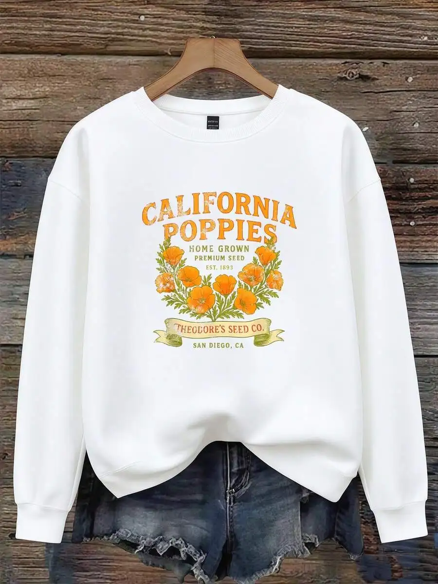 

Womens White Sweatshirt California Poppies Floral Print Vintage Style Round Neck Long Sleeve Casual Top