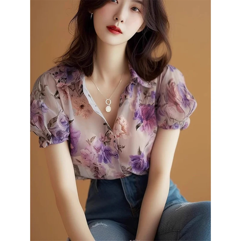 Women Summer Fashion Casual Loose Printing Polo-Neck Short Sleeve Chiffon Shirts Women Clothes Simplicity All-match Sweet Tops