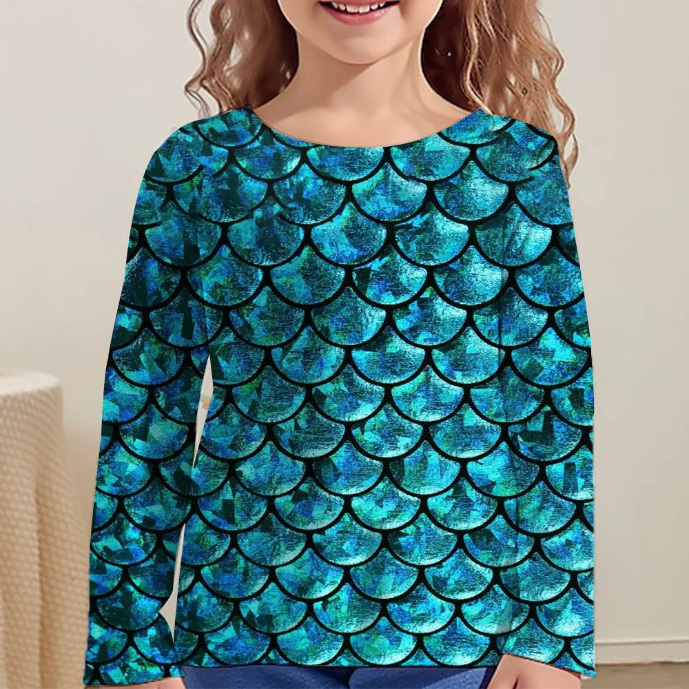 

Beautiful Fish Scales Print Children's Clothing Girl T-Shirts Short Sleeve Casual Kids Summer Clothes O-Neck Child Girl Tops﻿