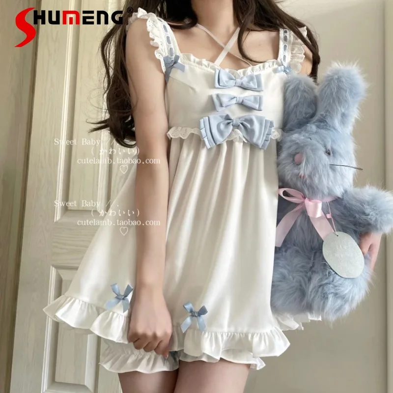 

Japanese Lolita Style Strap Vestidos Shorts 2 Pieces Set Soft Girl Pure Desire Strappy Bow Pajamas Suspender Dress Outfits Women