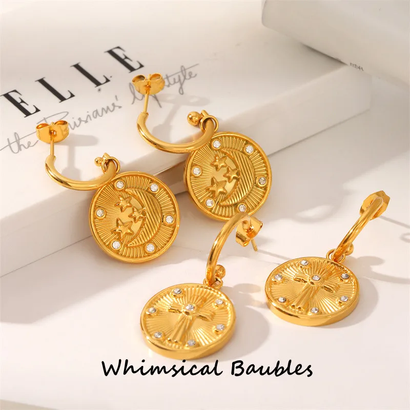 

Vintage Gold Round Cross Pendant Earrings Inoxidable Moon Star Design 18K Gold Plated Titanium Steel Style Stud Earrings