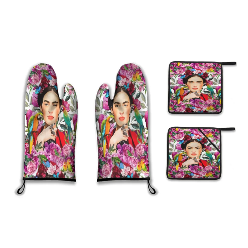 frida.forever Oven Mitts and Pot Holders Sets of 4,Resistant Hot Pads with Polyester BBQ Gloves for Kitchen,Cooking,Baking