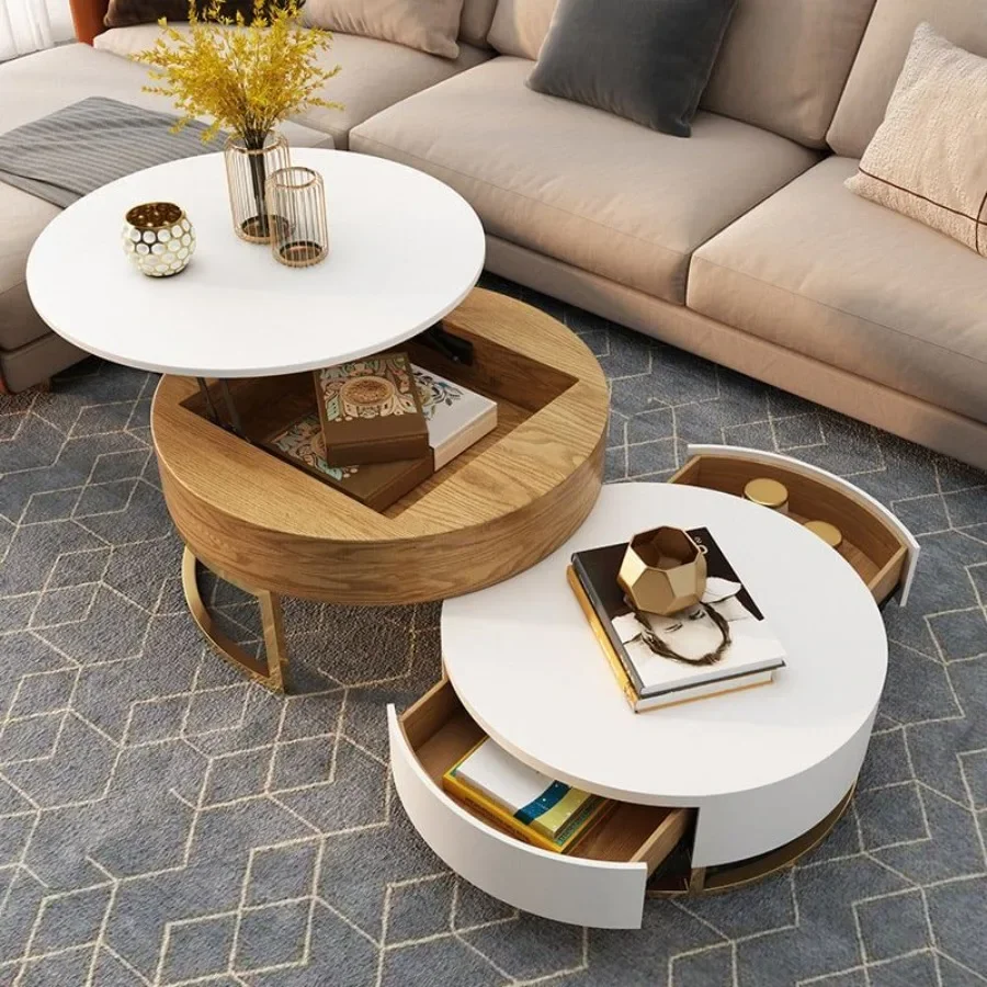 

Nesnesis Modern Round Lift-top Nesting Wood Coffee Tables with 2 Drawers White and Natural