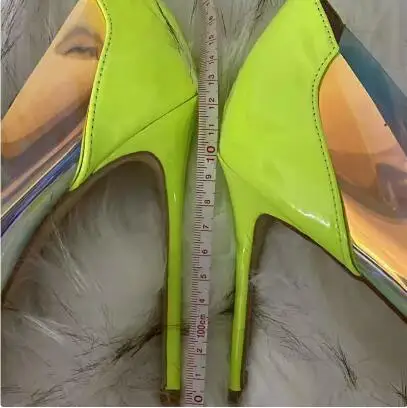 Hot Pink Fluorescent Green Shiny Patent Leather Laser PVC Patchwork Pointed Toe Shallow Slip On 8 12 CM Stiletto Heels Pumps