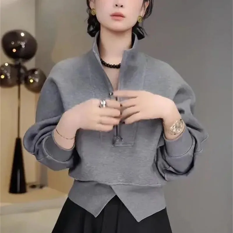 Women Fashion Half Zip Sweatshirt Short Coat Korean Lady Stand Collar Irregular Sports Shirt Autumn Female Long Sleeved Hoodies