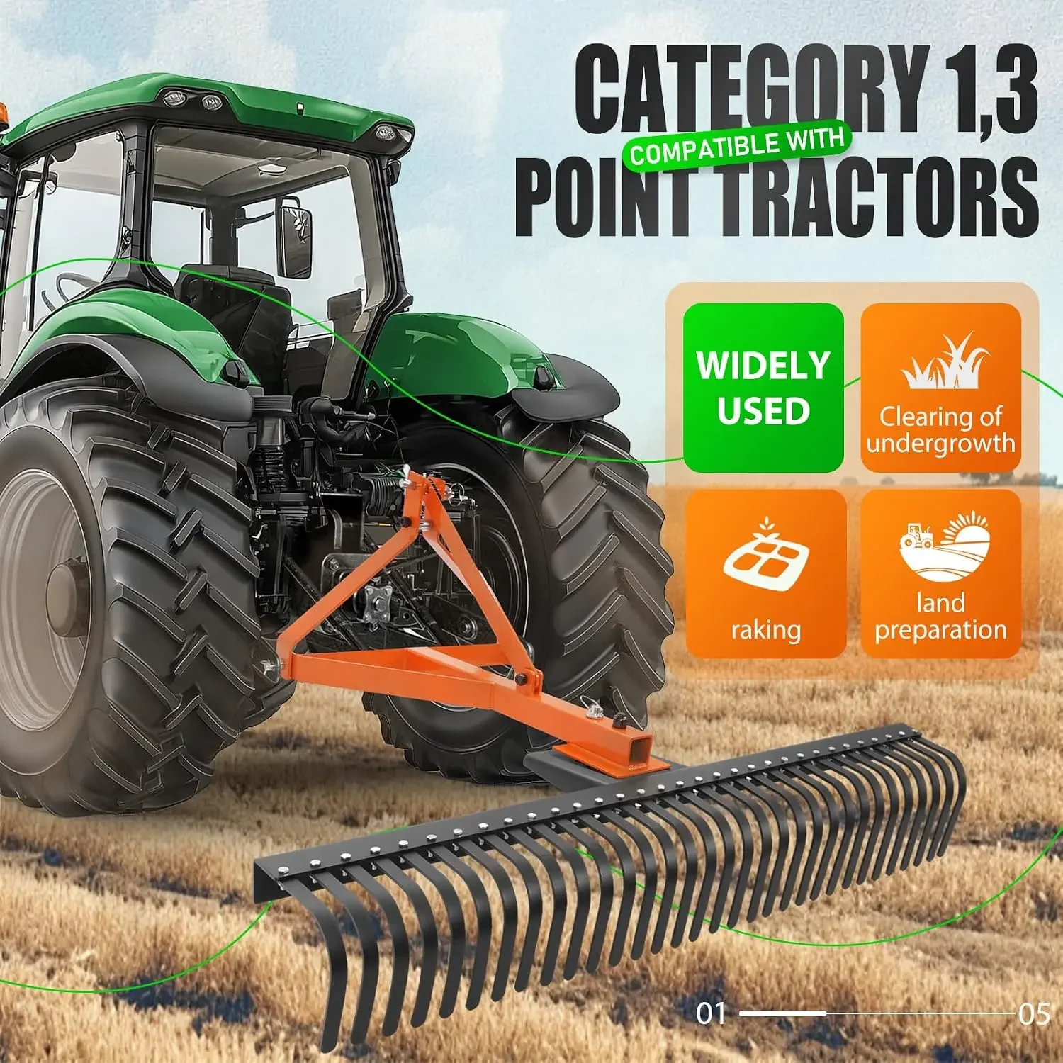 60 in Landscape Rake, 3 Point Rake Compatible with Category-1 Tractor, 360 Degree Rotation Tow-Behind Garden Tool for Compact