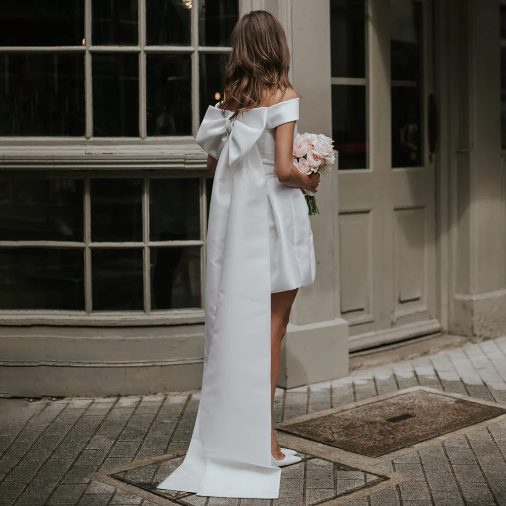 Mini robe de mariée courte en Satin, épaules dénudées, grand nœud, sur mesure, grande taille, livraison directe, au-dessus du genou, robe de mariage Chic