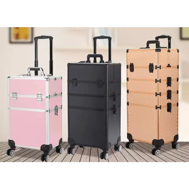 Wheeled Aluminum Cosmetic Trolley Case Multi‑compartment Large Storage Box for Nail Tattoo Makeup Artist Travel Use