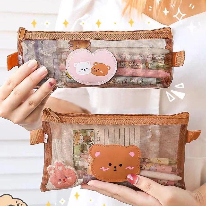Cute Cartoon Bear Pencil Case Transparent Mesh Pen Bag High-capacity Stationery Storage Pouch Office School Supplies Gifts image 5