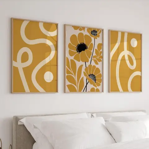 Mid Century Modern Wall Art Prints, Set of 3 Abstract Posters, Botanical Prints, Flower Living Room, Bedroom Triptych Art