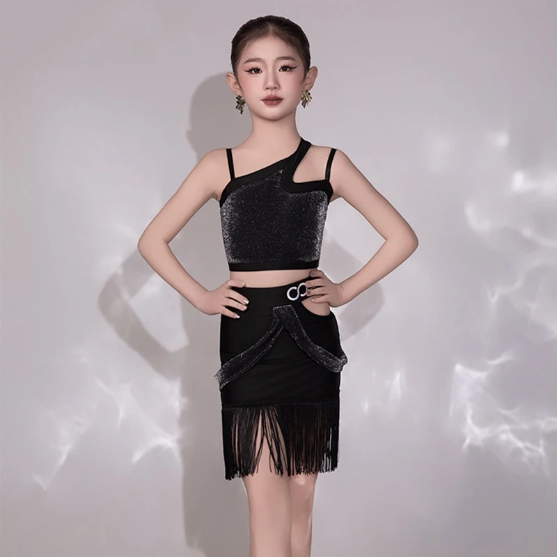 

Черный детский сценический костюм для латинских танцев, топы для латинских танцев, юбка с кисточками и бахромой, платье для латинских выступлений, одежда для ча-ча-самбы 1532
