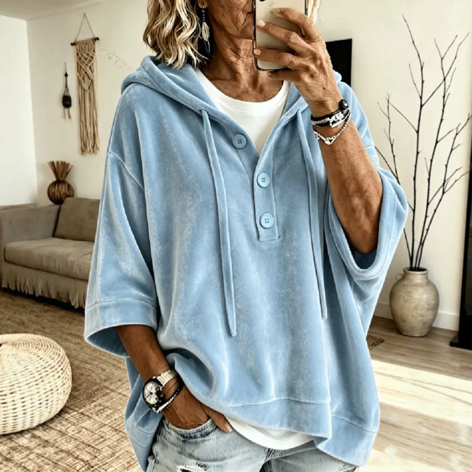 Gold Velvet Hooded. Sweatshirt, Loose Fit, Dropped. Shoulders, Three-quarter Sleeves, Half-zip, Solid Color. Random Women's Top