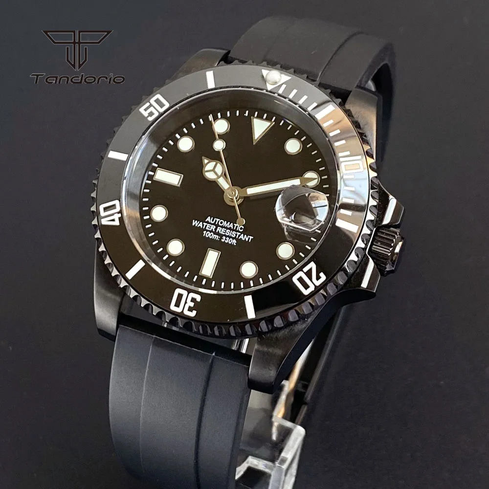 

Tandorio Mechanical NH35 Men's 40mm Pvd Black Automatic Watch Sapphire Date Ceramic Bezel Business Stainless Steel Watches Lume