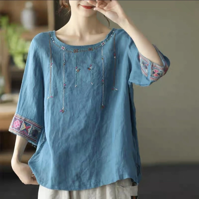 2024 New Summer Retro Ethnic Style Fashion Casual Versatile Loose Round Neck Half Sleeve Printed Embroidered Women\'s T-shirt Top