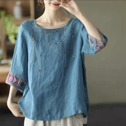 2024 New Summer Retro Ethnic Style Fashion Casual Versatile Loose Round Neck Half Sleeve Printed Embroidered Women's T-shirt Top