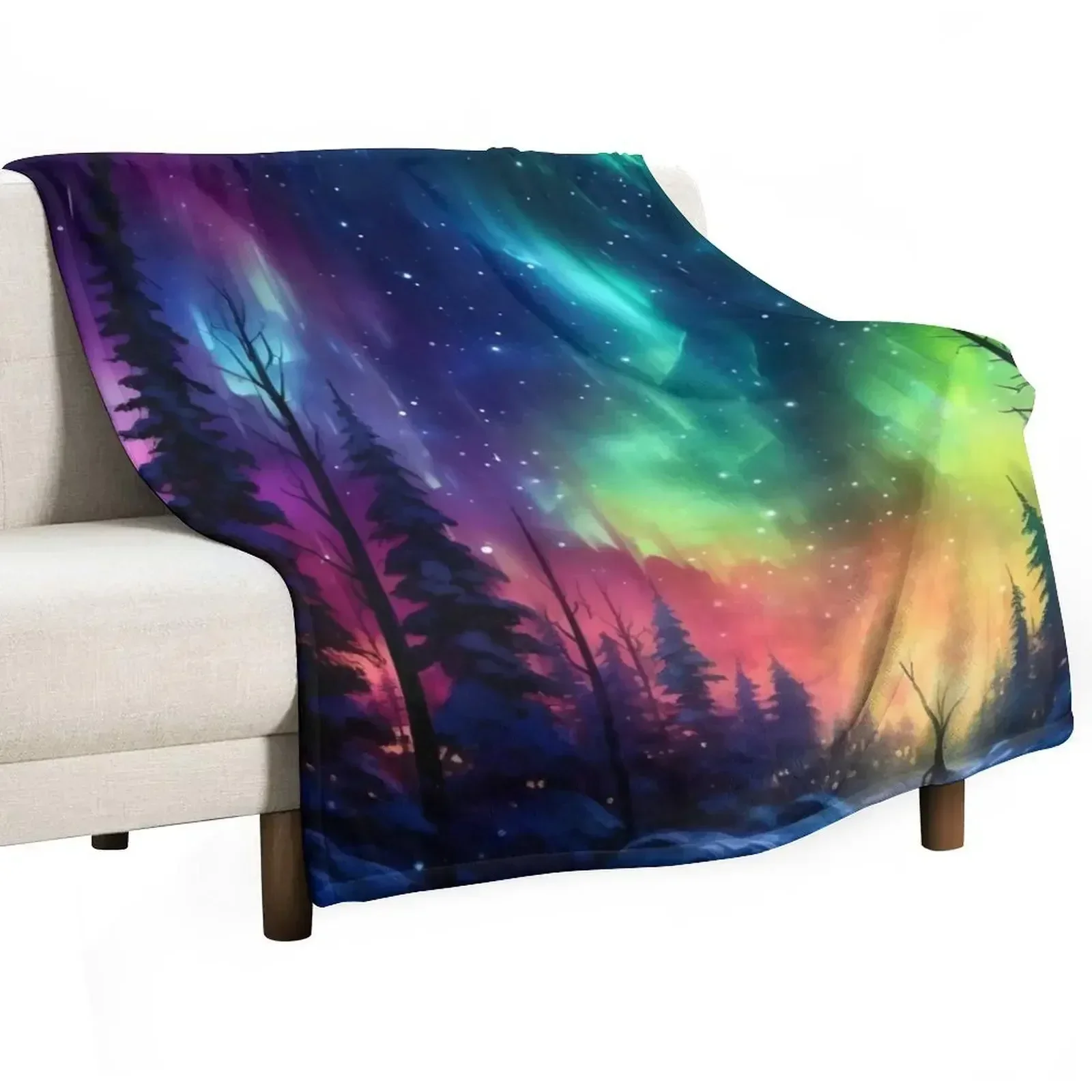 Aurora Borealis Enchanted Glowing Neon Forest Throw Blanket bed plaid funny gift Blankets