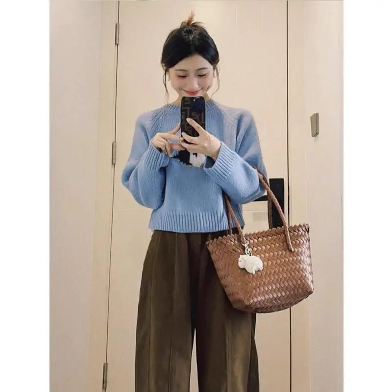 

Корейский свитер на молнии с круглым вырезом для женщин на осень и зиму, новый стиль, нежные свободные короткие вязаные кардиганы, топы