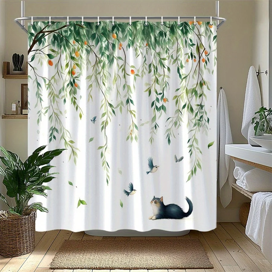 

1 занавеска для душа «Зеленая лоза» с апельсиновыми фруктами и птицами — фантастический дизайн, в стиле природы, полиэстер, который можно стирать в машине