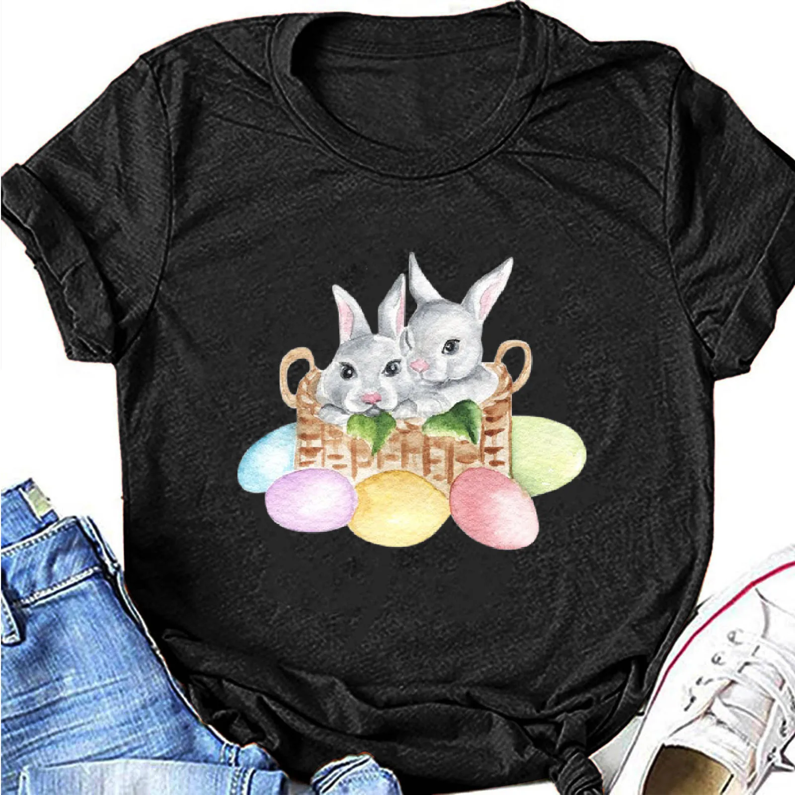 Women Easter Tee T-Shirts Crew Neck Bunny Print Short Sleeve Y2k Tees Basic Tops Adult Spring Clothing Sunday Holiday Wear