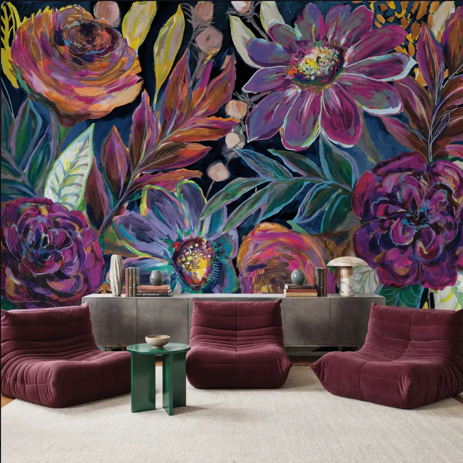Customized size mural with visible brushstrokes design brings artistic and textured floral wallpaper, living room, bedroom mural