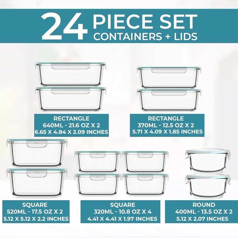 24 Pc Airtight Glass Food Storage Containers - Glass Meal Prep Containers - Freezer to Oven Safe - Steam Release Valve