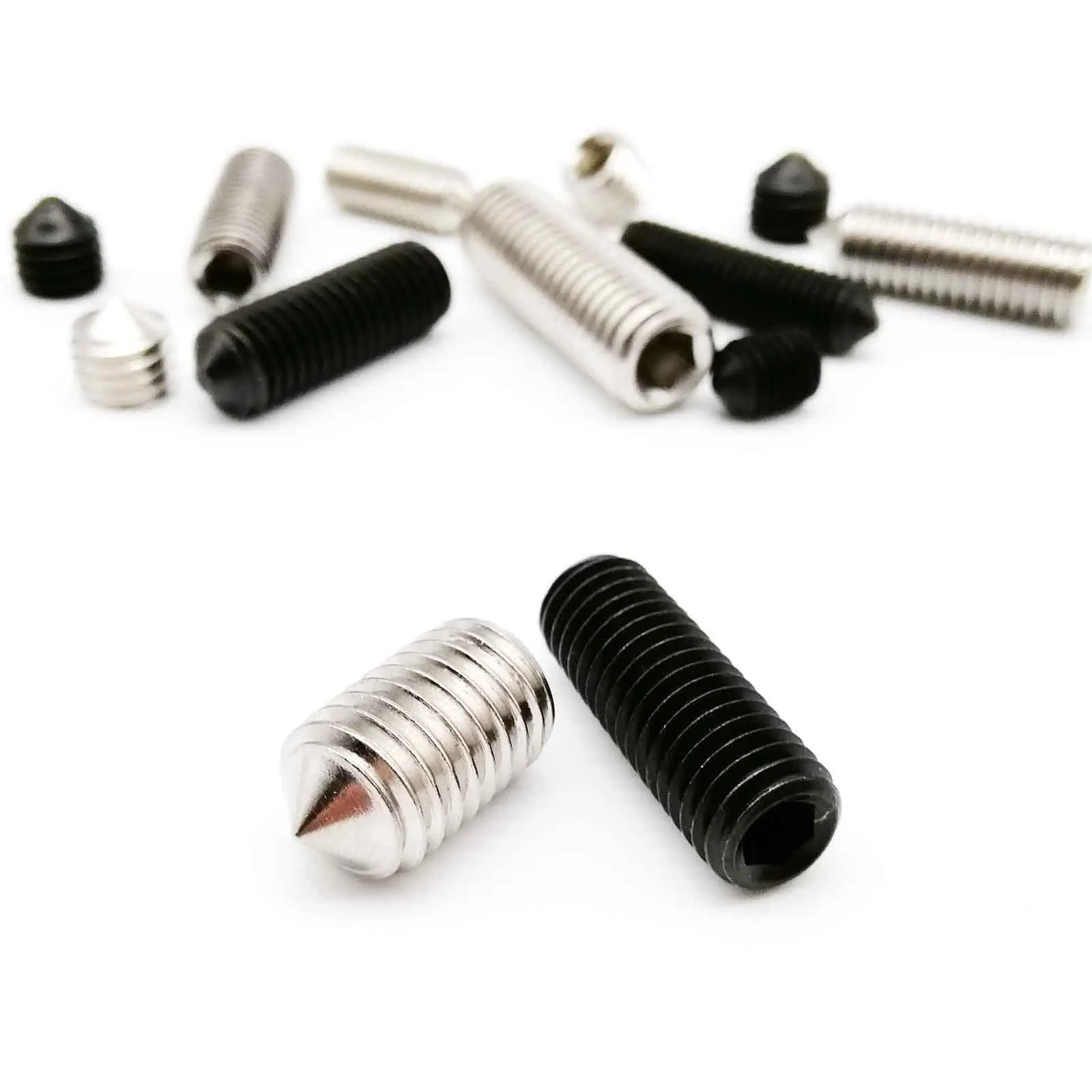 HZYUEGOU 50 Stück M3 M4 M5 M6 M8 DIN914 304 Edelstahl Schwarz Güteklasse 12.9 Sechskant-Innensechskant-Schrauben mit konischem Ende, Stellschrauben mit Kegelspitze – Detail 2