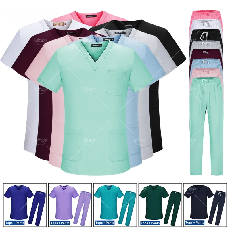 

New Women's Scrubs Set V-neck Medical Uniform Short Sleeve Surgical Scrub Uniform Laboratory Work Clothes Dentist Nurse Workwear